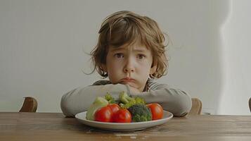 AI generated a sulking child seated in front of a plate of vegetables on a modern kitchen table, portraying the challenges of mealtime struggles and healthy eating habits in a contemporary setting. photo