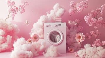 AI generated fragrant pink clouds and floral patterns emerging from freshly laundered items, illustrating the unique floral scent of laundry detergent gel. photo