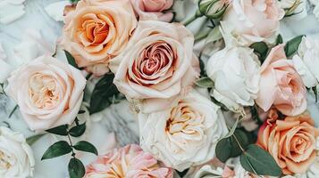 AI generated a bridal flower arrangement featuring roses in a variety of pastel colors, beautifully arranged in a top view, flat lay composition, perfect for inspiring brides to be. SEAMLESS PATTERN. photo