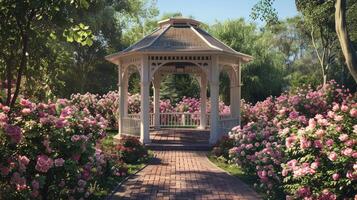 AI generated a garden gazebo nestled amidst blooming roses, evoking a sense of peace and tranquility in the enchanting springtime setting. photo