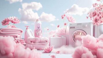 AI generated fragrant pink clouds and floral patterns emerging from freshly laundered items, illustrating the unique floral scent of laundry detergent gel. photo