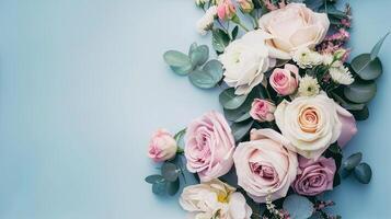 AI generated a bridal flower arrangement featuring roses in a variety of pastel colors, beautifully arranged in a top view, flat lay composition, perfect for inspiring brides to be. SEAMLESS PATTERN. photo