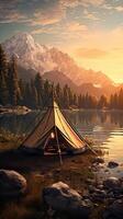 AI generated a tent pitched by a serene lake, enveloped in hazy romanticism, where the soft glow of the setting sun casts a mesmerizing ambiance over the natural landscape photo