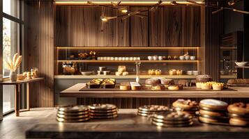 AI generated a bakery on a long table against a modern kitchen background, adorned with gold and brown colors to evoke luxury, offering ample copy space. photo