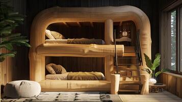 AI generated a natural wood log hut-shaped bunk bed with stairs, nestled in a cozy cabin setting, evoking the essence of rustic charm and adventure. photo