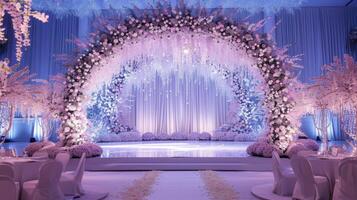 AI generated a romantic wedding stage adorned with delicate flowers, emanating an atmosphere of love and enchantment as couples exchange vows in a breathtaking setting. photo