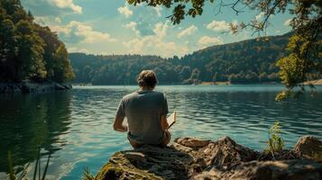 AI generated a person immersed in a book by the peaceful lakeshore, surrounded by serene waters and serene natural beauty. photo