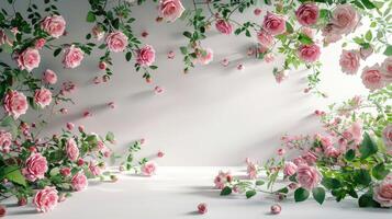 AI generated pink roses and tender green leaves flourishing against white walls, evoking feelings of love and tenderness, beautifully blending with the aesthetic style. photo