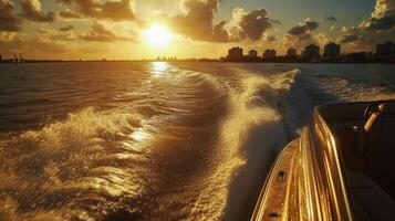 AI generated speedboating through with a realistic close-up shot from the back seat of a speedboat, showcasing the mesmerizing ocean vista during the golden hour, enhanced by captivating shadow play. photo