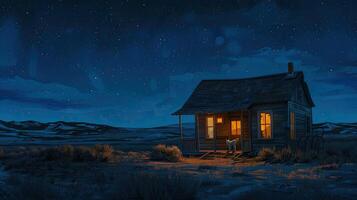 AI generated a small western town at night, with a warmly illuminated wooden house and a faithful dog resting on its doorstep, evoking the timeless allure of frontier life. photo