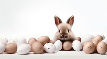 AI generated a super funny and cute white Easter bunny surrounded by chocolate eggs, perfect for an Easter advertising campaign against a solid white background. photo