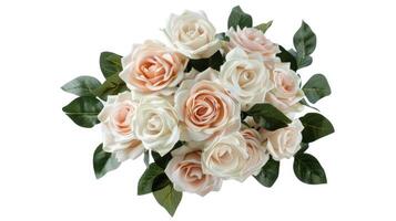 AI generated a bridal flower arrangement featuring roses in a variety of pastel colors, beautifully arranged in a top view, flat lay composition, perfect for inspiring brides to be. photo
