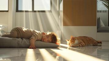 ai generado un niñito pacíficamente siesta con un gato en un moderno, lleno de luz habitación, exhibiendo el armonioso enlace Entre niño y mascota en un acogedor y relajado ambiente. foto
