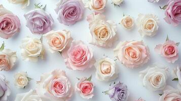 AI generated a bridal flower arrangement featuring roses in a variety of pastel colors, beautifully arranged in a top view, flat lay composition, perfect for inspiring brides to be. photo