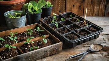 AI generated vegetable seeds with a mix of coco coir, peat, and perlite, showcasing the essential components of a healthy and fertile growing medium in a gardening setting. photo