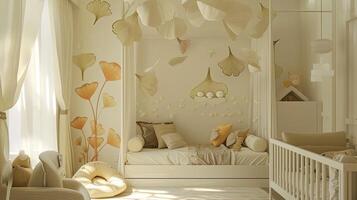 AI generated a villa children's room design incorporating ginkgo leaf motifs as a playful design element, featuring light tones that evoke a sense of serenity and warmth. photo