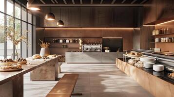 AI generated a bakery on a long table against a modern kitchen background, adorned with gold and brown colors to evoke luxury, offering ample copy space. photo