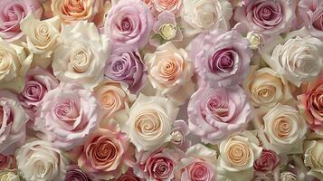 AI generated a bridal flower arrangement featuring roses in a variety of pastel colors, beautifully arranged in a top view, flat lay composition, perfect for inspiring brides to be. photo