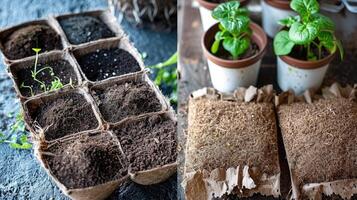 AI generated vegetable seeds with a mix of coco coir, peat, and perlite, showcasing the essential components of a healthy and fertile growing medium in a gardening setting. photo