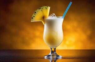 AI generated summer cocktail with coconut and pineapple, soft drink with ice, alcoholic cocktail Pina colada, International Bartenders Day, dark background, wooden table photo