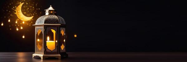 AI generated Eid al-Fitr, Laylat al-Qadr, holy month of Ramadan, Arabic lantern fanus, candles, magical atmosphere, dark background, moon moon and stars, horizontal banner, place for text photo