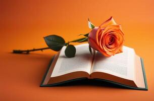 AI generated international Day of Poets and Writers, World Book and Copyright Day, old open book, magic book, red rose, orange background photo