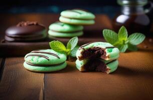 AI generated St. Patrick's Day, traditional Irish pastries, national Irish cuisine, mint cookies with chocolate filling, chocolate dessert, mint cream. mint leaves, wooden table photo
