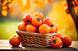 AI generated full wicker basket of ripe persimmons on a wooden table, persimmon orchard, persimmon tree branches, persimmon plantation to the horizon, sunny day photo