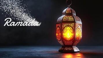 AI generated Animation of islamic decoration background. Arabic golden lantern on the black background with ramadan particle text effect. Loop seamless animation. Generative AI video