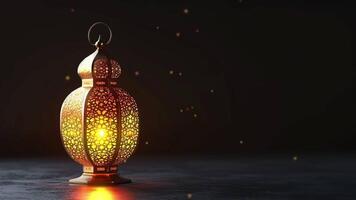 AI generated Animation of islamic decoration background. Arabic golden lantern on the black background with copy space. Loop seamless animation. Generative AI video