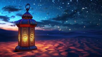 AI generated Islamic decoration background animated. Arabic golden lantern on the desert with many twinkle and falling stars background at night sky. Loop seamless animation. Generative AI video