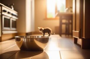 AI generated National Pet Day, world cat Day, empty bowl of cat food on the floor, sunlight, bright kitchen, silhouette of a cat on a blurred background photo