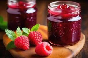 AI generated jar of raspberry jam, sweet dessert of fresh berries, Homemade jam with raspberries, berry confiture, homemade autumn preparations photo