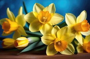 ai generado internacional De las mujeres día, madres día, S t. David día, primavera flores, ramo de flores de amarillo narcisos, azul fondo, de madera mesa foto