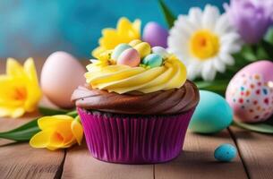 AI generated Easter, traditional Easter pastries, Easter dessert, cupcake decorated with colored cream and colored eggs, spring flowers, colored eggs, wooden table photo