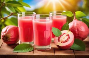 ai generado tropical guayaba fruta, vaso de guayaba jugo en un de madera mesa, verde plantas en el fondo, vitamina C, guayaba árboles, exótico jardín, soleado día foto