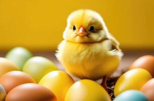 AI generated world bird day, Easter, little Easter chicken, poultry, funny yellow chick, bird's nest, colorful painted eggs, yellow background photo