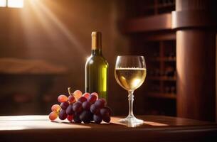 ai generado un vaso de blanco vino en un de madera mesa, un botella de vino, un manojo de uvas, sumiller, vino experto, vino saboreo, lagar concepto, antiguo vino cava en el fondo, luz de sol foto