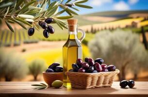 AI generated fresh olives in a wicker basket on a wooden table, a small bottle of olive oil, an olive tree branch on the background, olive plantations, sunny day photo