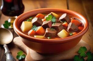 AI generated St. Patrick's Day, national Irish cuisine, traditional Irish pastries, roast meat with potatoes, carrots, vegetables and herbs, stew with beef, beautiful serving photo