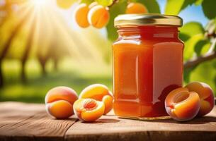 AI generated a jar of apricot jam on a wooden table, ripe apricots hanging on an apricot tree branch, apricot orchard, apricot plantation, organic farming photo