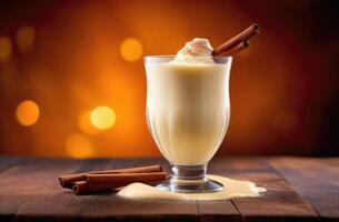 AI generated glass of non-alcoholic eggnog cocktail, Christmas traditional eggnog, vanilla milkshake, fresh winter drink with cinnamon and spices, dark background photo