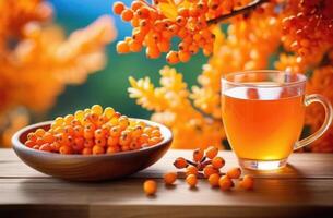 AI generated a cup of sea buckthorn tea on a wooden table, ripe sea buckthorn berries, against the background of a branch of a sea buckthorn tree, an orchard photo