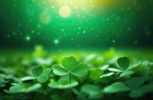 AI generated St. Patrick's Day, abstract green background, bokeh effect, background with clover leaves, golden glow, place for text, Irish shamrock photo