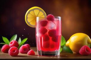 AI generated glass of non-alcoholic raspberry lemonade with mint, refreshing drink, detox water, fresh summer cocktail with ice, berry cocktail photo