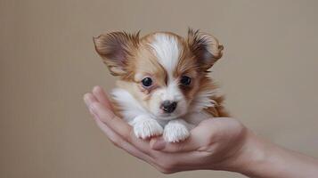 AI generated a mini puppy nestled in the palm of your hand, showcasing the tiny creature's endearing features and delicate size in a heartwarming close-up. photo