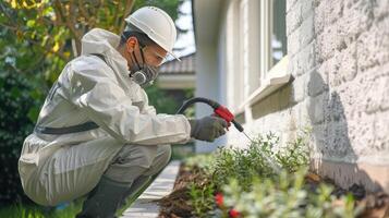 AI generated the technician holding a sprayer and emphasizing the application of the product at the base of the building to ensure thorough protection against pests. photo