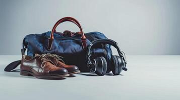 AI generated shoes, headphones, and a bag against a studio white background, capturing the essence of urban style and modern accessories with clarity and sophistication. photo