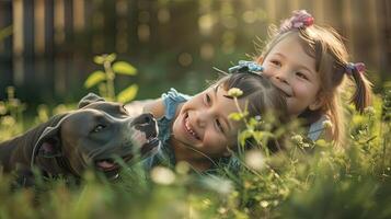 AI generated a young girl playing with a pitbull in the backyard, their happiness evident in their playful interactions and carefree expressions. photo