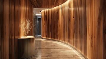 AI generated a carpentry wall surface structure design, enhanced by a glossy finish that accentuates the natural beauty and texture of the wood, creating a stunning visual focal point in any interior photo